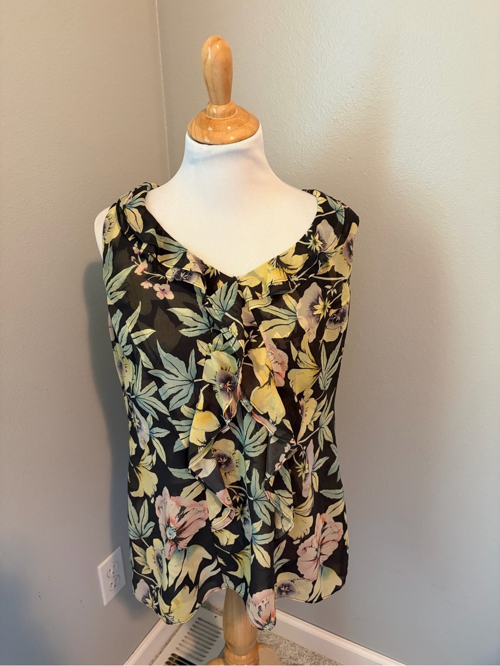 CAbi Floral Ruffle Front Tank in Black, Yellow, Green Osaka Nights Blouse #3265